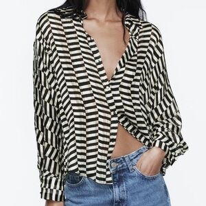 Zara Black and White Striped Button-Up Blouse